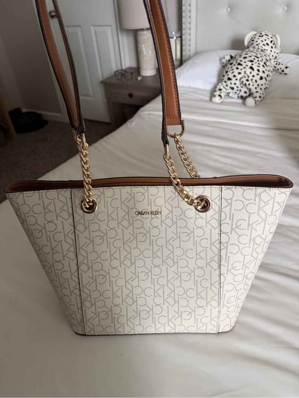 Calvin Klein Cream Logo Tote with Brown Handles and Gold Hardware